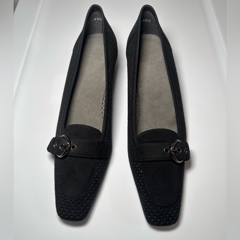 Stuart Weitzman Mesh Suede Kitten Heel Pumps with Buckle - Picture 2 of 7